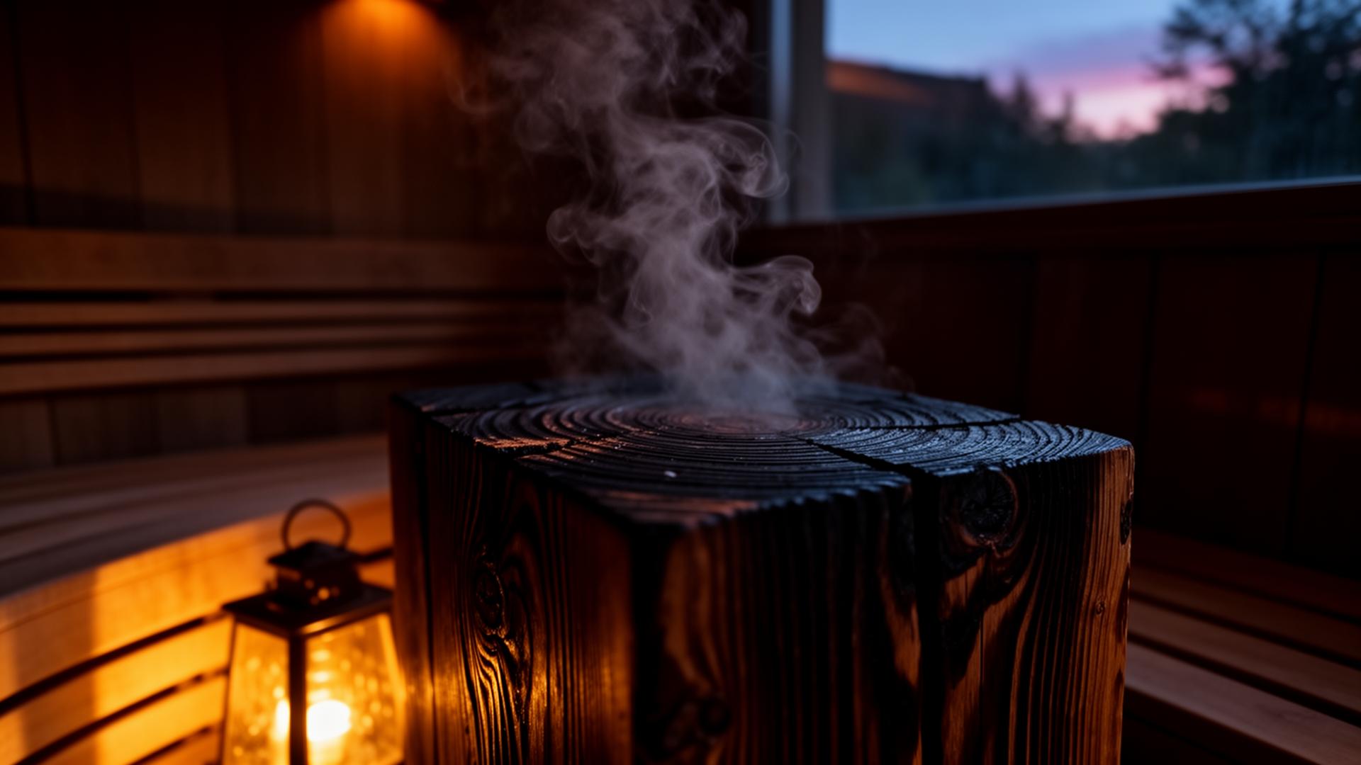 Steam rising from cedar wood in a luxury sauna at dusk