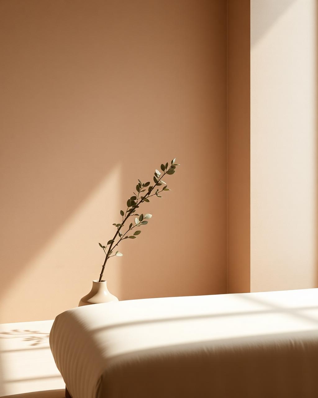 Calm interior with a single eucalyptus branch in warm light