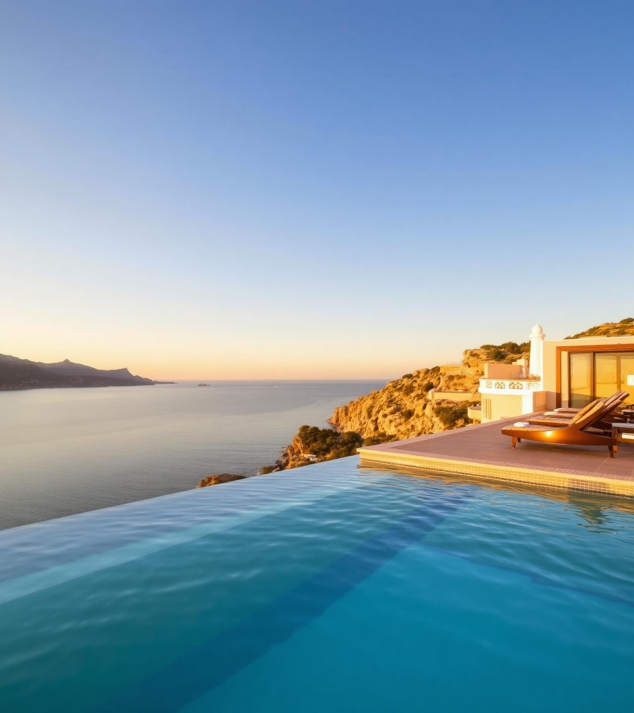 Luxury coastal hotel spa at golden hour